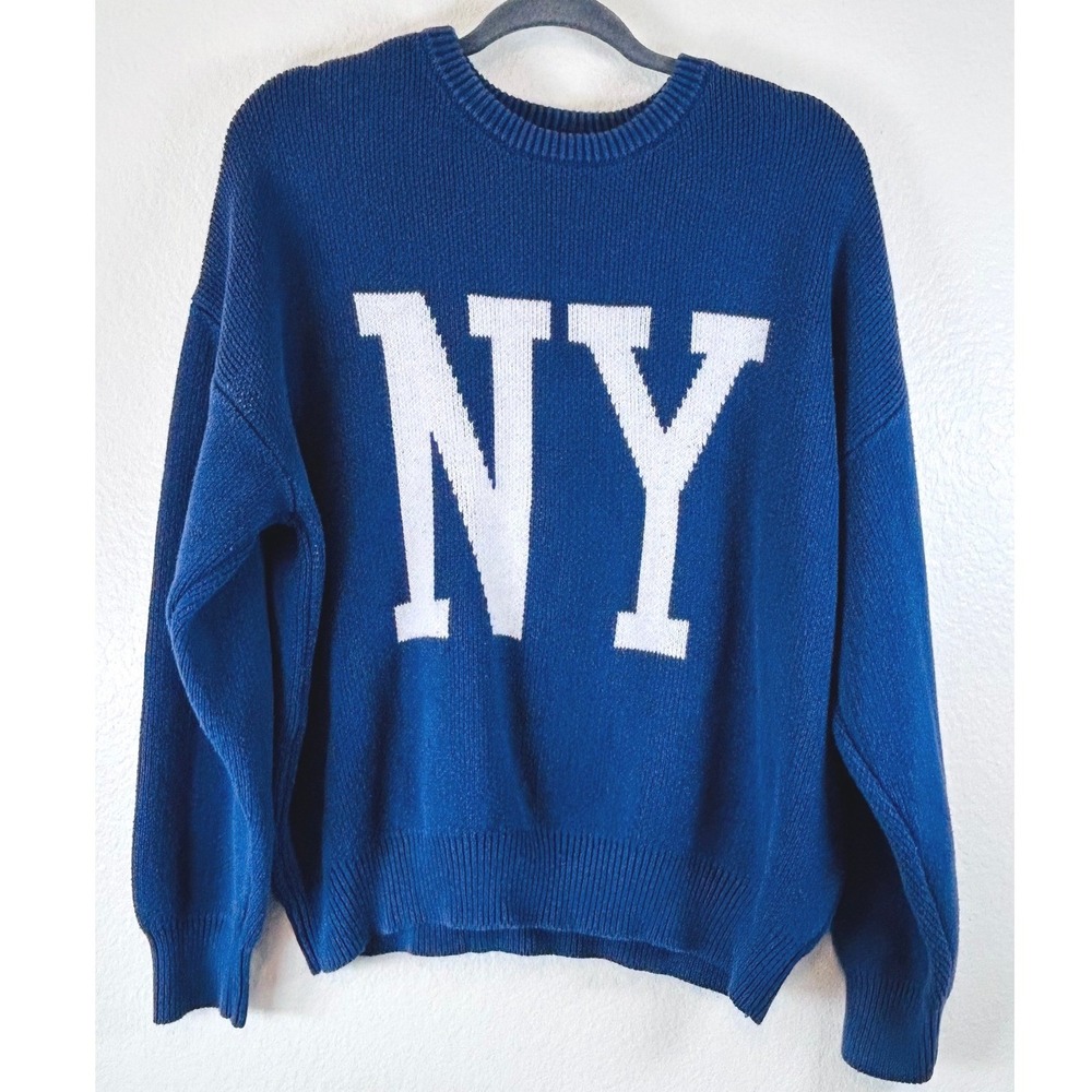 Forever 21 Streetwear Preppy SZ L Blue NY Graphic Knit Crew Neck Sweater